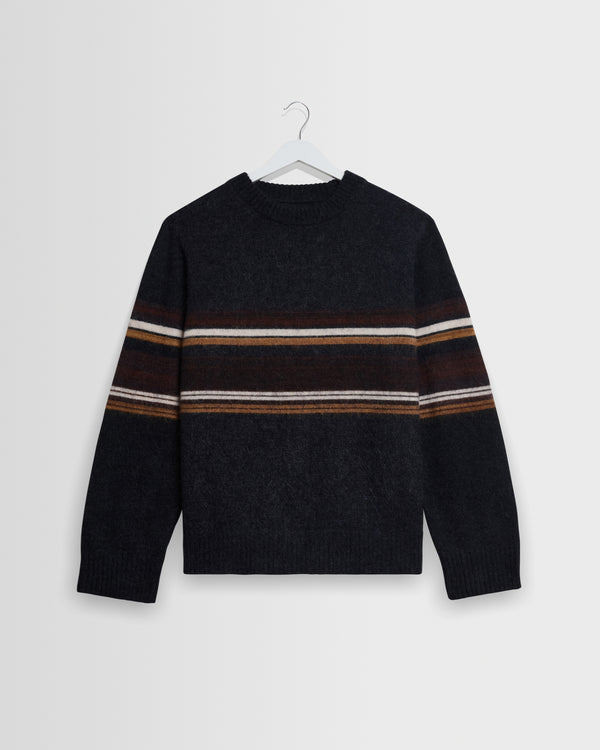 wax london men's Wilde - Charcoal And Brown Bold Stripe Fluffy Wool Crewneck