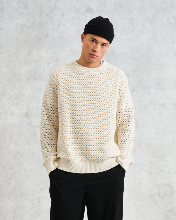 wax london men's Wilde - Ecru Open Knit Jumper
