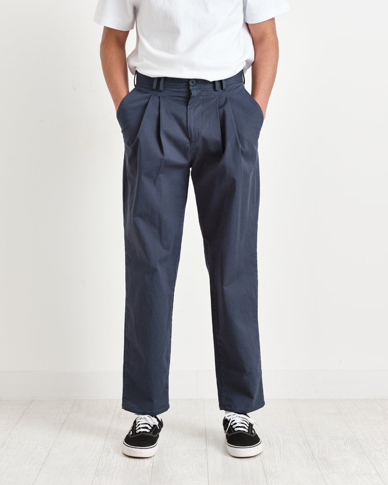 Pleat Trousers Navy Cotton Twill